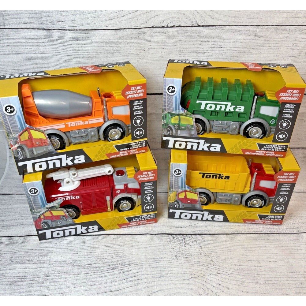 Tonka Mighty Force 8" Trucks Lot 4 Cement Mixer Dump Truck Garbage Fire Nozzle